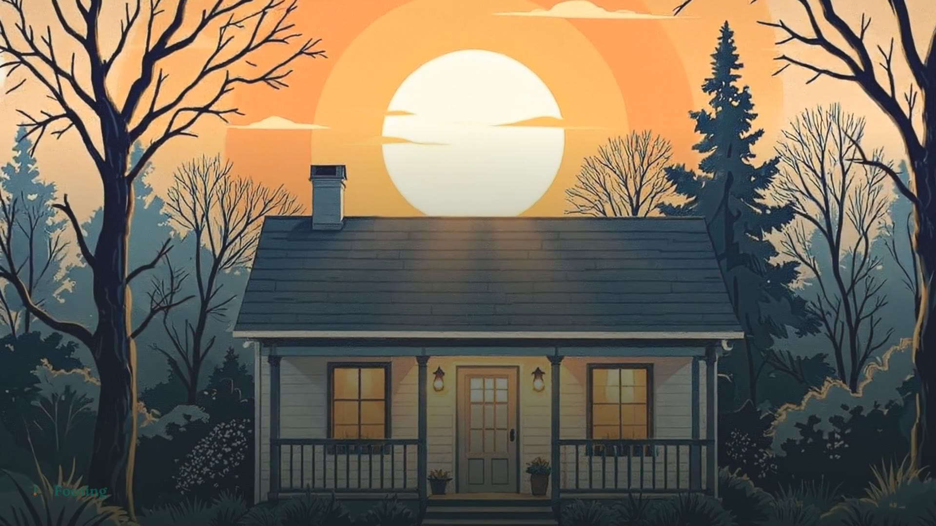 Still from the Footing launch film: a warm cottage at golden hour.